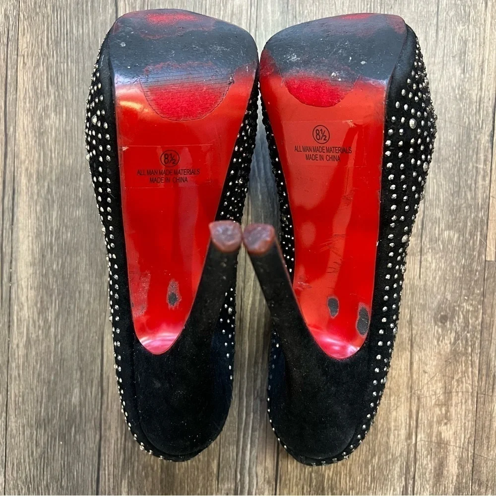 Alba Red Sole Black Suede Silver Rhinestone Platform Stiletto High Heels 8.5